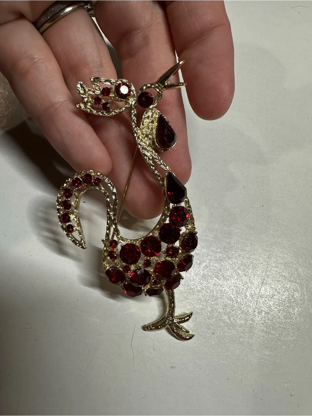 Vintage 1970s Ruby Red Glass Rhinestone Roadrunner Bird Brooch Pin - Textured Go